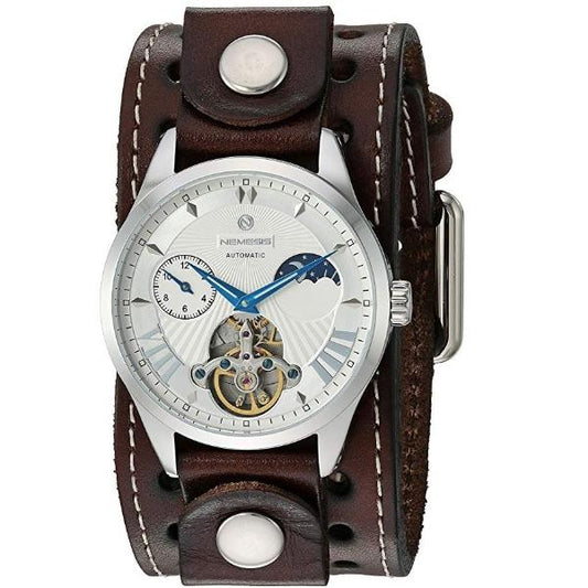 Tourbillon Day/Night White and Blue Hand Watch with Stitched Dark Brown Leather Cuff