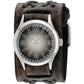 Gradient Pointium Grey Watch with Double X Distressed Dark Brown Leather Wide Cuff