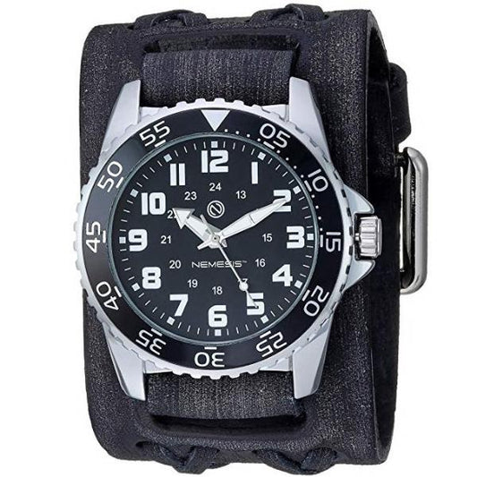 Hybrid Diver Black/White Watch with Double X Distressed Dark Brown Leather Wide Cuff