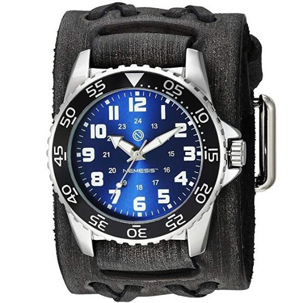 Hybrid Diver Blue/White Watch with Double X Distressed Black Leather Wide Cuff