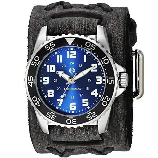 Hybrid Diver Blue/White Watch with Double X Distressed Black Leather Wide Cuff