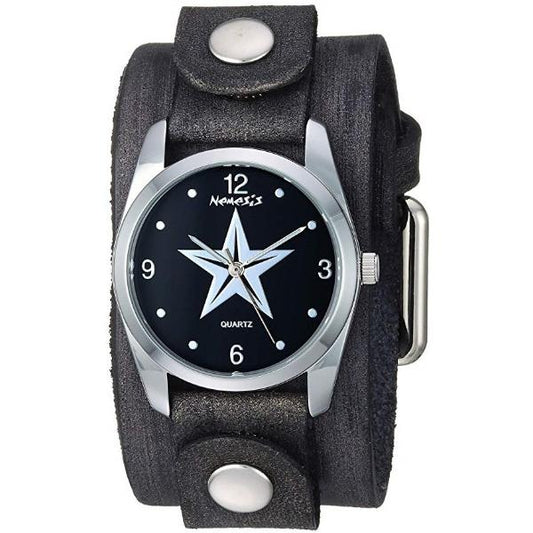 Little Star Ladies Black/Silver Watch with Distressed Black Leather Cuff FGB355K