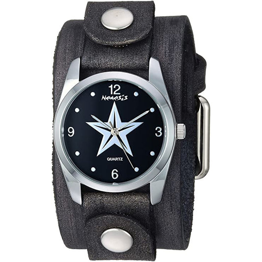 Vintage Star Ladies Black Watch with Distressed Black Leather Cuff