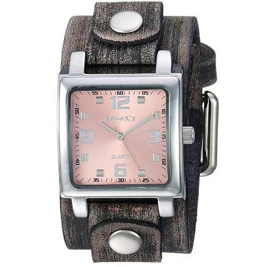 Lite SQ Ladies Pink Watch with Distressed Brown Leather Cuff