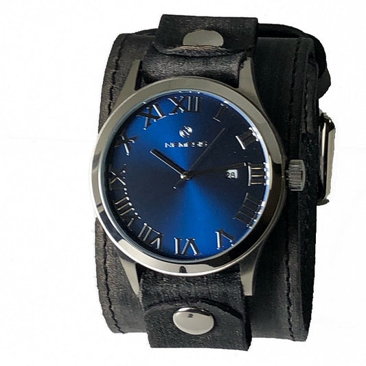 Roman DX Blue Watch with Stitched Distressed Dark Brown Leather Wide Cuff