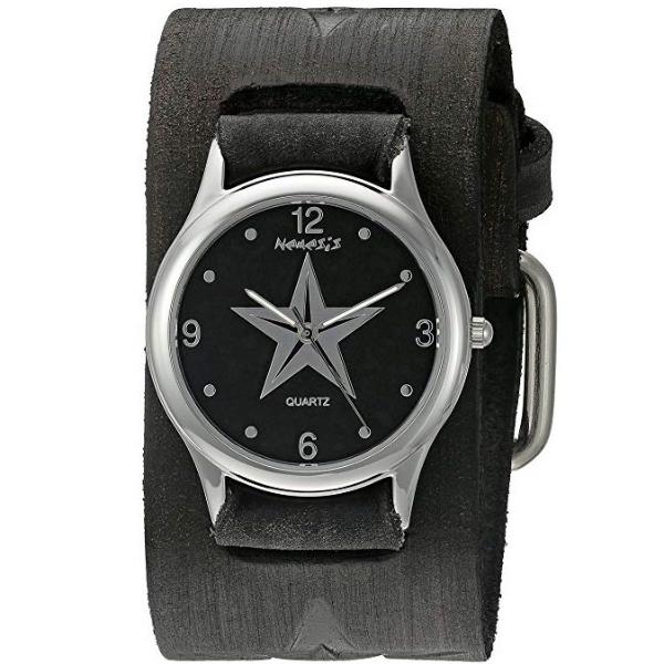 Vintage Star Black Watch with Embossed Star Distressed Black Leather Cuff