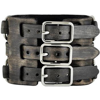 Cross Bones Skull Black Watch with Distressed Charcoal Leather Triple Strap Cuff VWB930S