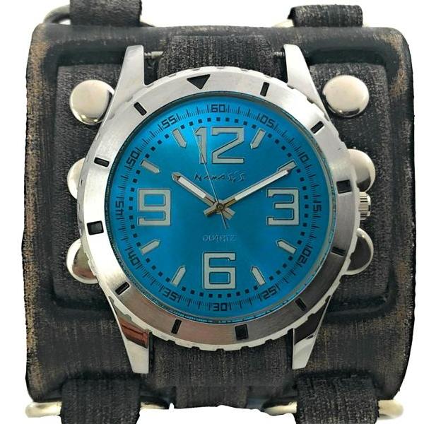 Sporty Racing Blue Watch with Bullet Ring Distressed Charcoal Leather Triple Strap Cuff