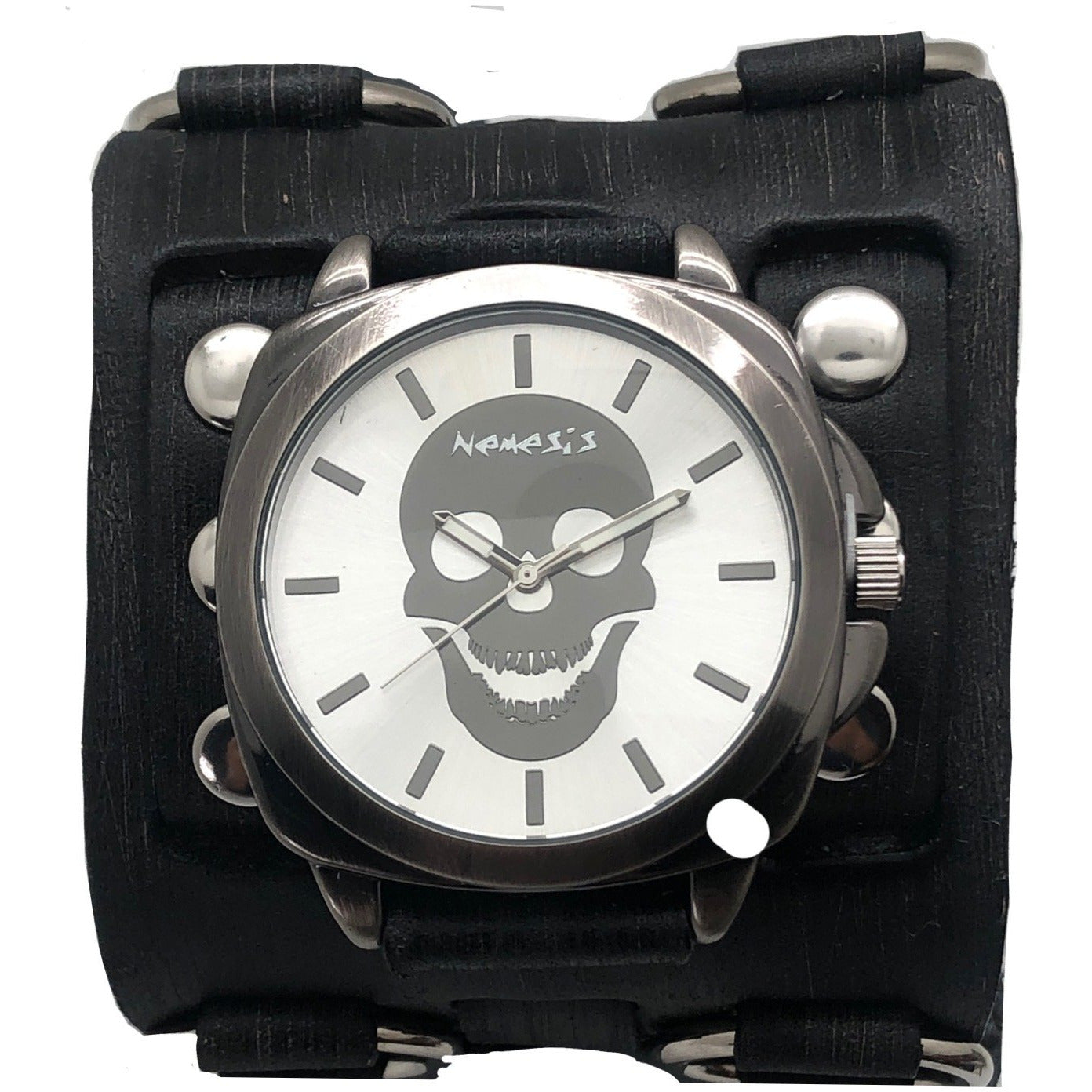 Skull Silver Watch with Ring Distressed Black Leather Triple Strap Cuff