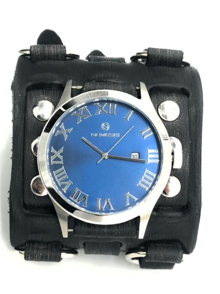 Roman DX Blue Watch with Ring Distressed Charcoal Leather Triple Strap Cuff