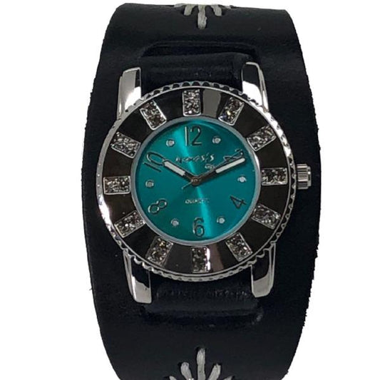 Crystal Showgirls Turquoise Ladies Watch with Diamond Stitched Black Leather Cuff BF311T