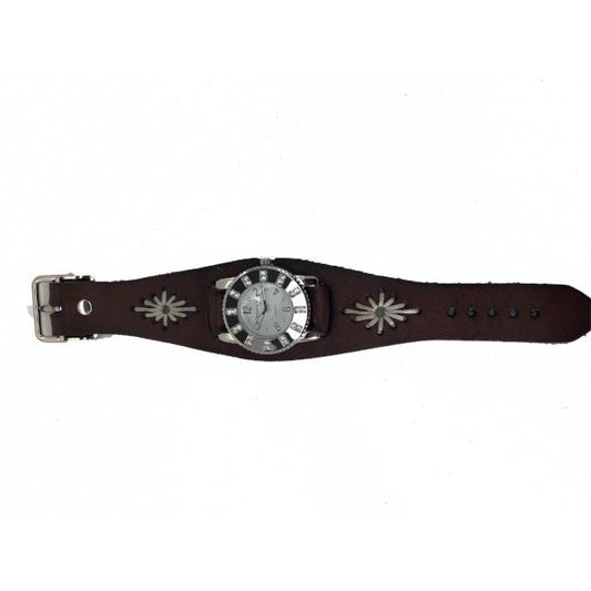 Crystal Showgirls White Ladies Watch with Diamond Stitched Dark Brown Leather Cuff BBF311W