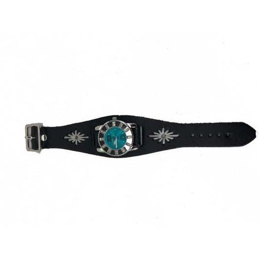 Crystal Showgirls Turquoise Ladies Watch with Diamond Stitched Black Leather Cuff BF311T