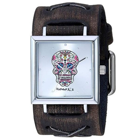 Silver Sugar Skull Square Watch with Faded Brown Leather Cuff Band KBFXB955S