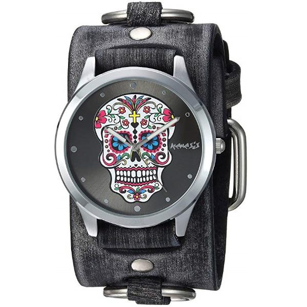 Day of The Dead Skull Gradient Black Watch with Distressed Dark Brown Leather Cuff DFRB925K