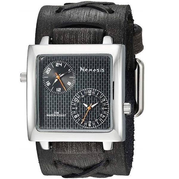 Dual Time SQ Black Watch with X Distressed Black Leather Cuff