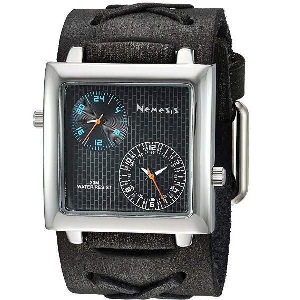 Dual Time SQ Black/Blue Watch with X Distressed Black Leather Cuff