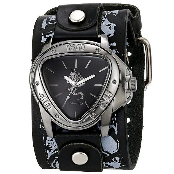 Silver Dragon Gunmetal Black Watch with Tattoo Skull Black Leather Cuff