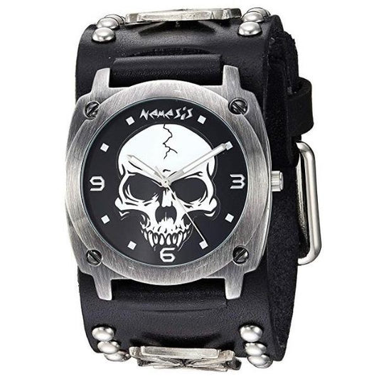 Skull Black Watch with Iron Cross Studded Black Leather Cuff