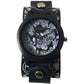 Day of The Dead Natural Wood Black Watch with Multi-Skull Black Leather Cuff MSK263