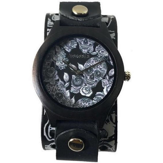 Day of The Dead Natural Wood Black Watch with Multi-Skull Black Leather Cuff MSK263