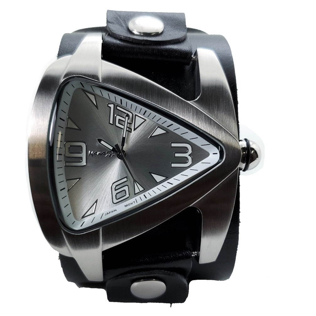 Teardrop Silver Watch with Black Leather Wide Cuff