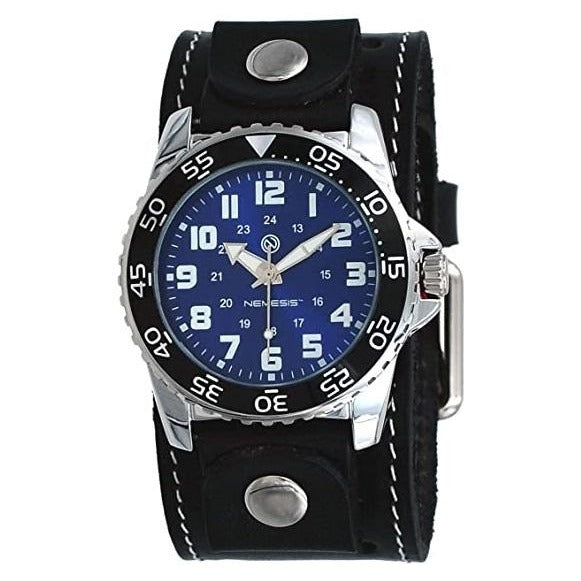 Hybrid Diver Blue/White Watch with White Stitched Black Leather Wide Cuff