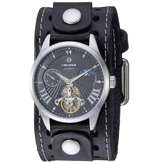 Black and Silver Watch with Stitched Leather Cuff