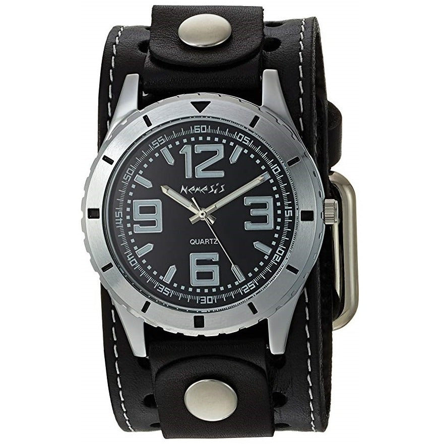 Sporty Racing Black Watch with White Stitched Black Leather Cuff