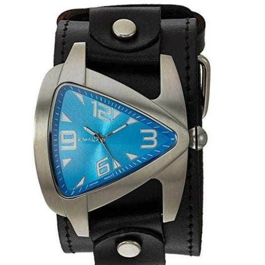 Teardrop Light Blue Watch with Black Leather Wide Cuff