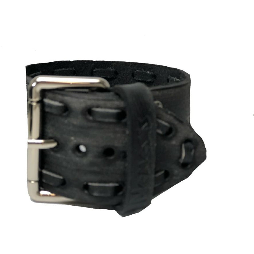 Perforated Dash Distressed Black Leather Cuff