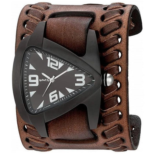 Teardrop Black Watch with Weaved Distressed Brown Leather Wide Cuff