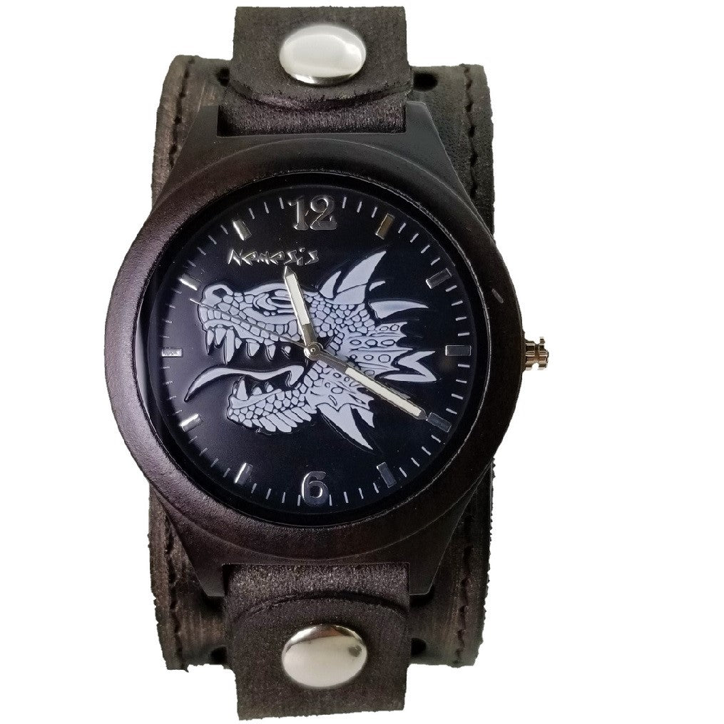 Nemesis 'Jaden' Dragon Wood case watch with Vintage leather cuff band VSTH267K