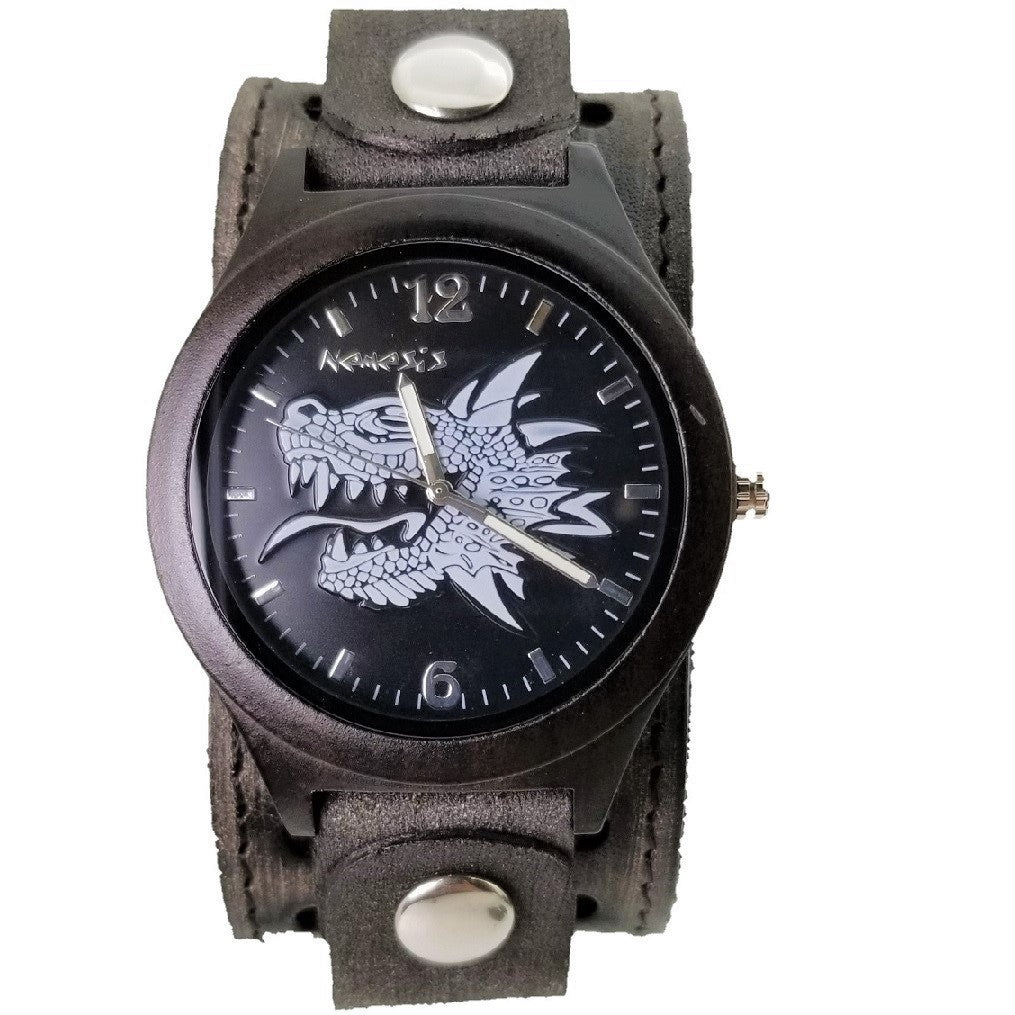 Nemesis 'Jaden' Dragon Wood case watch with Vintage leather cuff band VSTH267K
