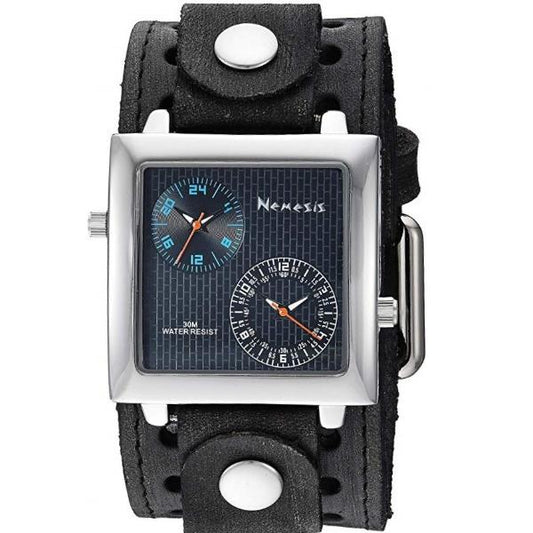 Dual Time SQ Black/Blue Watch with Perforated Black Leather Cuff