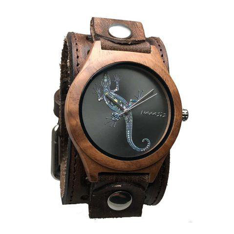 Gecko Natural Wood Watch with Stitched Perforated Distressed Brown Leather Cuff