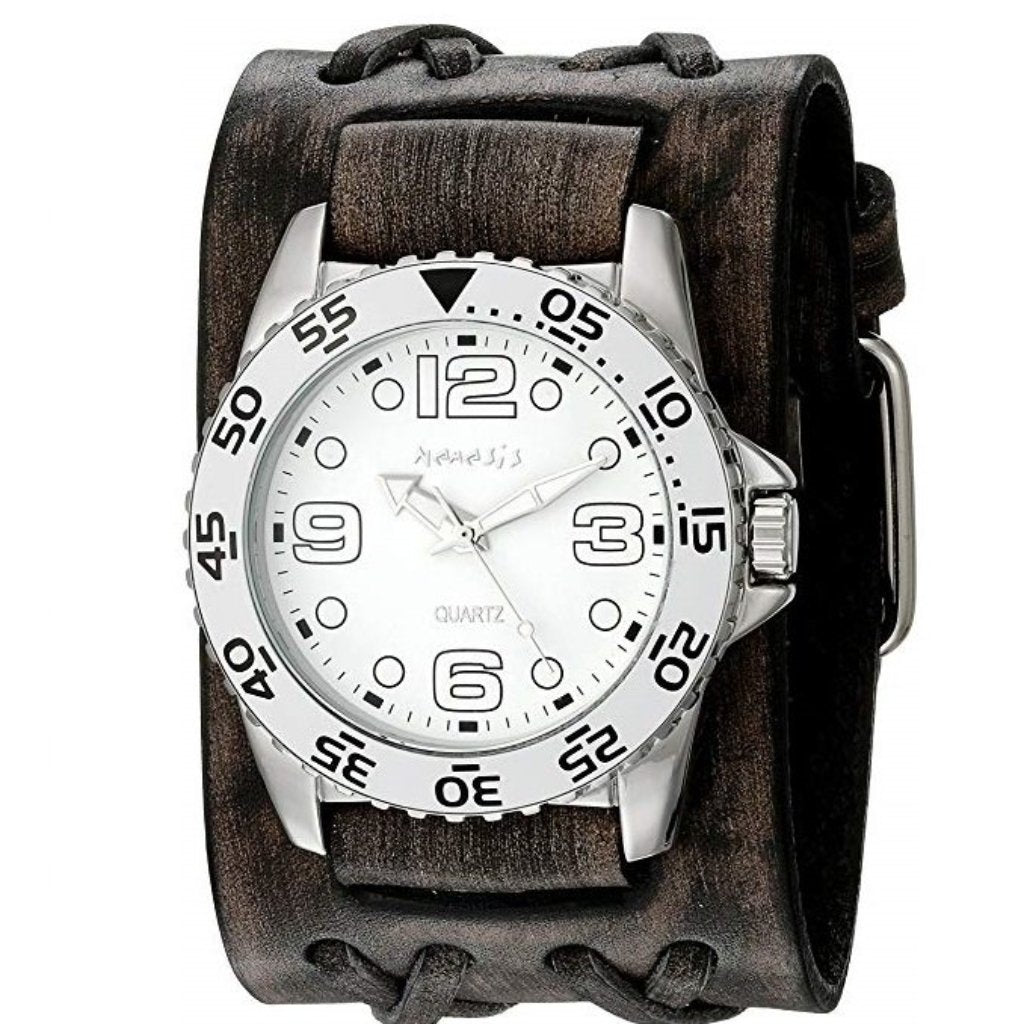 Groovy White Watch with Double X Distressed Black Leather Wide Cuff VDXB097W
