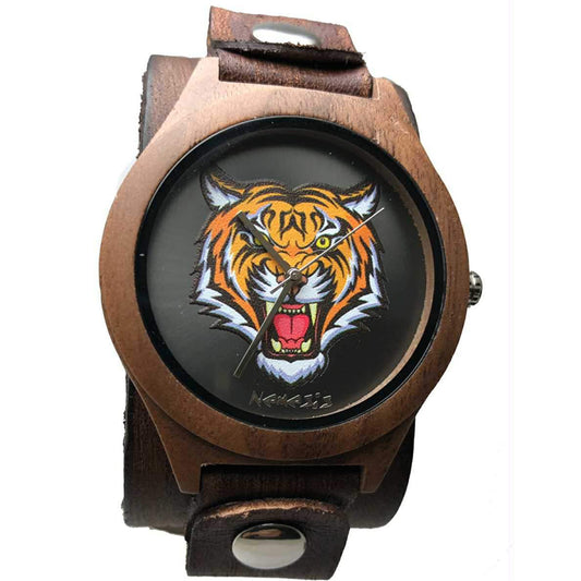 Tiger Face Natural Wood Watch with Distressed Brown Leather Cuff