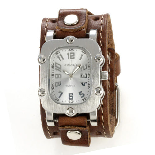 Silver Rugged Watch with Brown Single Stitched Leather Cuff Band BSTH007S