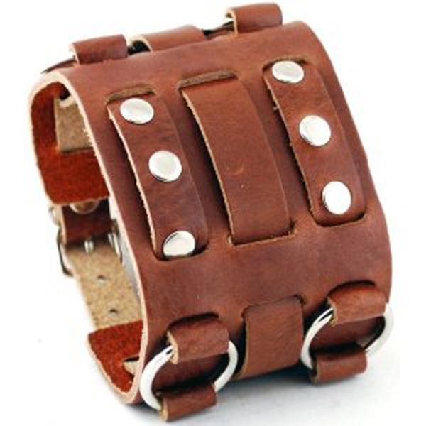 Double Ring Bullet Brown Leather Triple Strap Cuff