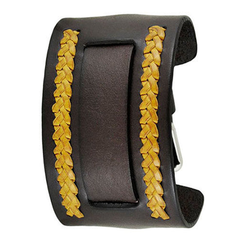 BrownYellow Wide Weaved 2 Pc. Leather Cuff Watch Band 24mm TNWA