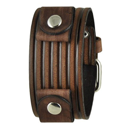Brown Vintage Embossed Stripes Leather Cuff Band BVEB