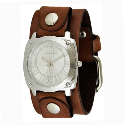Silver Ladies Roman Numerals Watch with Junior Size Brown Leather Cuff Band BGB066S