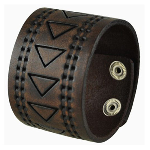Brown Hole Punched and Triangle Embossed Leather Cuff Snap On Bracelet 509B