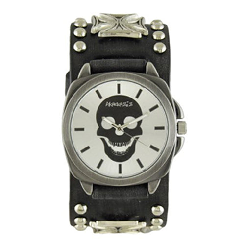 Silver Skull Head Watch with Faded Black Iron Cross Studded Leather Cuff Band FMIC935S
