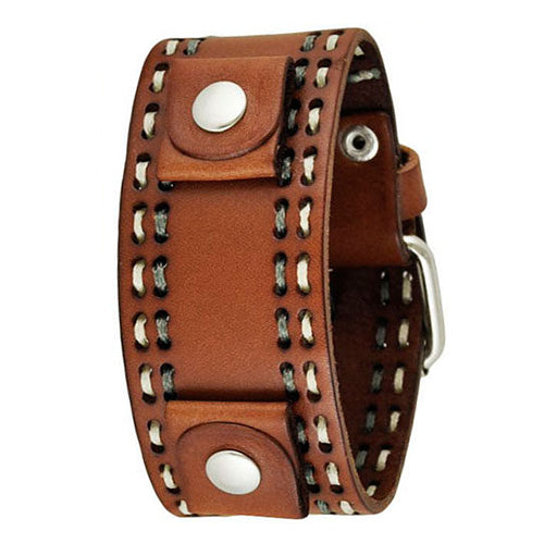 Brown Double Stitched Leather Cuff Watch Band 22mm DBDT-B