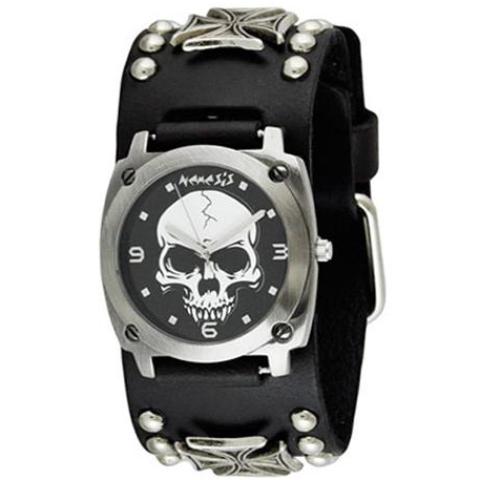 Black Heavy Duty Skull Watch with Black Studded Iron Cross Leather Cuff Band MIC926K