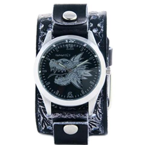 BlackSilver Dragon Head Watch with BlackWhite Dragon Print Leather Cuff Band SSN903K