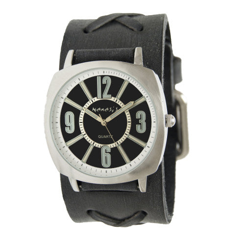 Nemesis Black Comely Watch with Faded Black X Leather Cuff Band, KFXB110K-front
