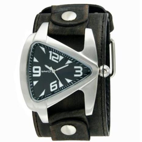Black Oversized Teardrop Watch with Faded Black XL Stitch Leather Cuff Band 011FLBB-K
